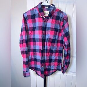 Hollister Size Large Men's Pink and Blue Plaid Button Up Shirt
